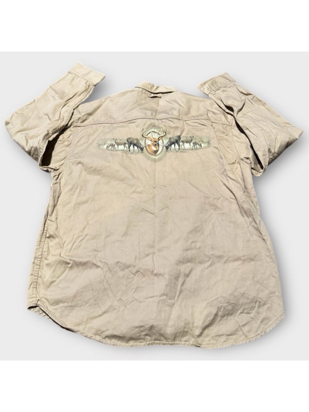 Vintage Sierra Pacific Mens Tan Deer Shirt Wildlife Long Sleeve Pocket Cotton XL